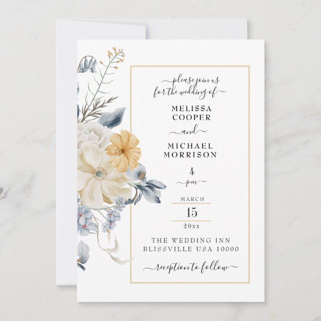 SOMETHING BLUE, PASTEL FLORAL ON WHITE WEDDING INVITATION (Front)