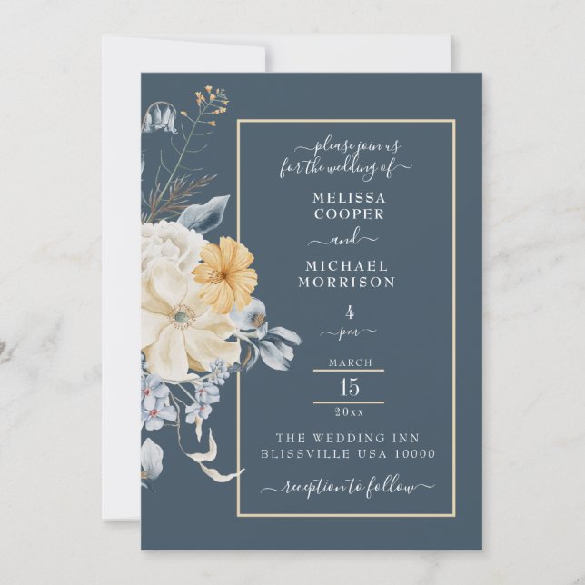 SOMETHING BLUE, PASTEL FLORAL WEDDING INVITATION (Front)