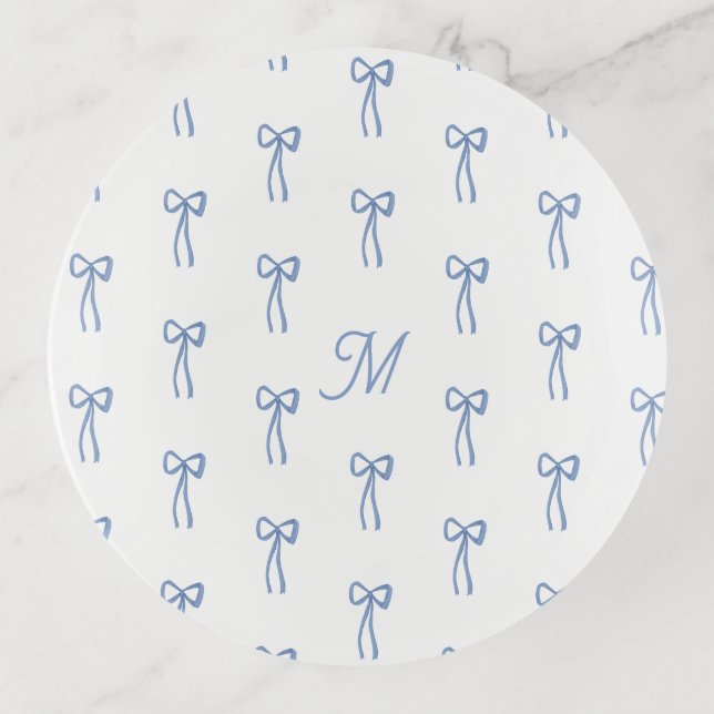 Something Blue Preppy Bow Coquette Engagement Gift Trinket Tray (Front)