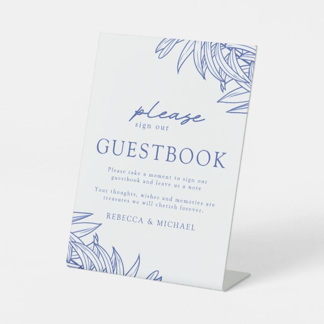 Something Blue Simple Botanical Guestbook   Pedestal Sign (Front)