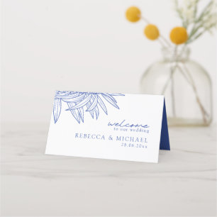 Something Blue Simple Hand Drawn Botanical Folded Place Card