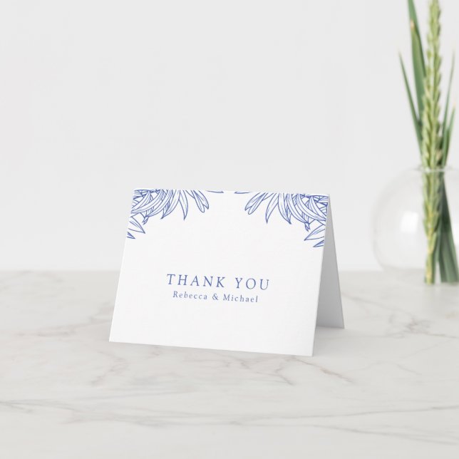 Something Blue Simple Hand Drawn Botanical Folded Thank You Card (Front)