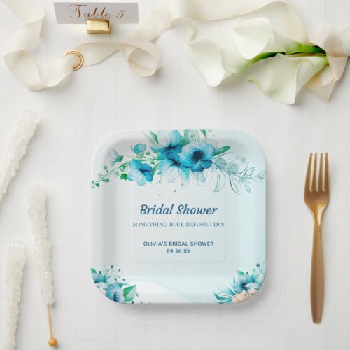 Something Blue Watercolor Floral Bridal Shower  Paper Plates