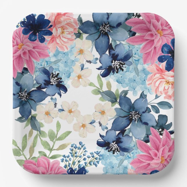 Something blue Watercolor Floral bridal shower  Paper Plates (Front)
