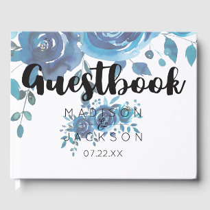 Something Blue Watercolor Floral Wedding Monogram Guest Book