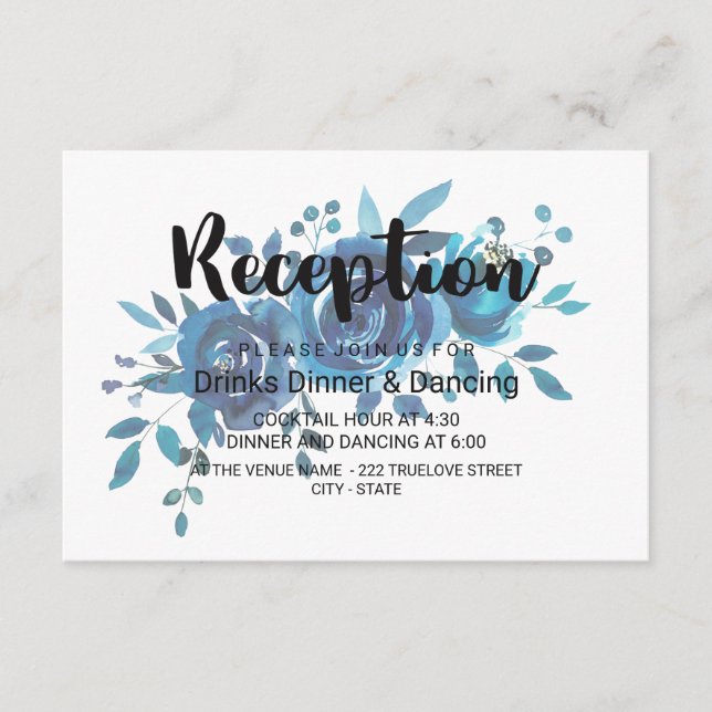 Something Blue Watercolor Floral Wedding Reception Enclosure Card (Front)
