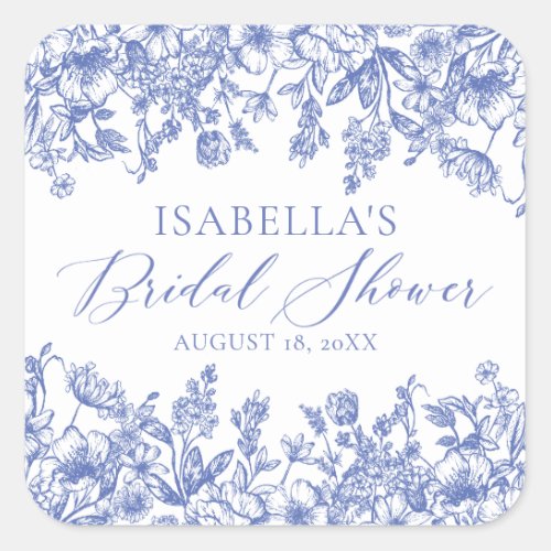 Something Blue Watercolor Flowers Bridal Shower Square Sticker