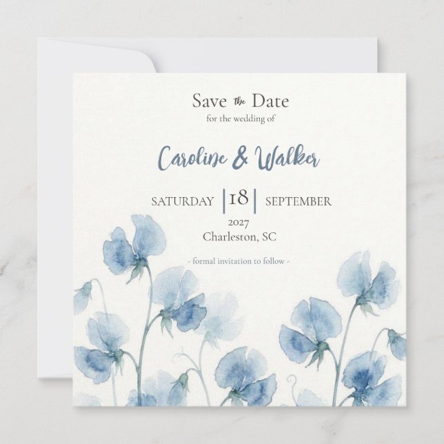 Something Blue Watercolor Wedding Save the Date (Front)