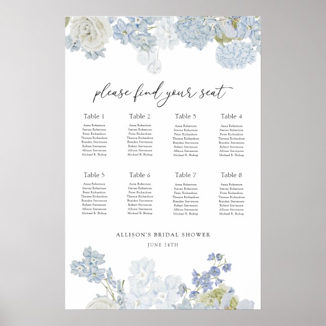 Something Blue Wedding Shower Seating Chart (Front)