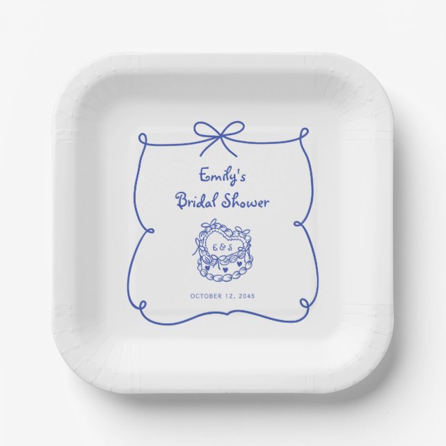 Something Blue Whimsical Hand Drawn Cake Paper Plates (Front)