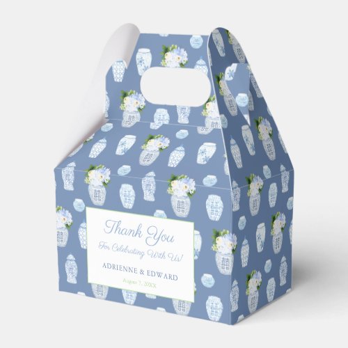 Something Old New Borrowed Blue Wedding Shower Favor Box - Stylish favor boxes with a blue white and green watercolor ginger jar pattern against a blue background (you can change this background color to anything you like by entering the design tool (click / tap to "personalize further underneath where you add your custom text).