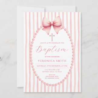 Something Pink Bow coquette Pearl Baptism Cross Invitation
