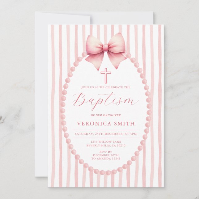 Something Pink Bow coquette Pearl Baptism Cross Invitation (Front)
