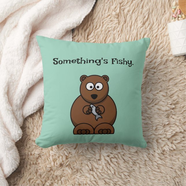 Something’s Fishy Funny Brown Bear Cartoon Throw Pillow (Blanket)
