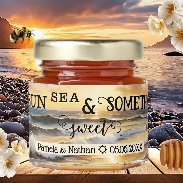 Something Sweet Beach Destination Wedding Honey Jar Favors (Honey jar favor featuring an image of a beach at sunset. Perfect for a beach or destination wedding.)