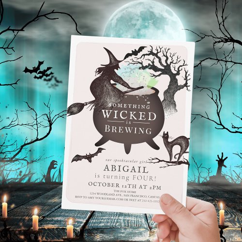 Something Wicked Brewing Halloween Pink Birthday Invitation