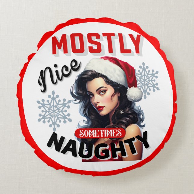 Sometimes Naughty Retro Christmas Pinup Round Pillow (Front)