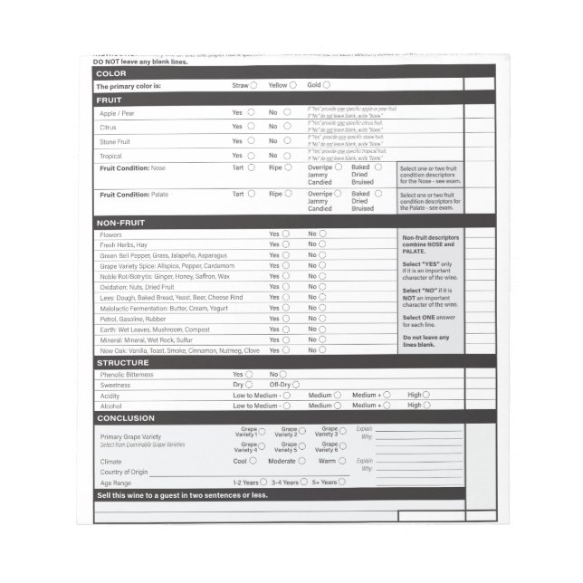 Sommelier Deductive Tasting Grid White Wine Blank  Notepad (Front)