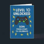 Son 10th Birthday Game Controller Age 10 Unlocked Card<br><div class="desc">A milestone birthday deserves a power-up! This gaming-themed card is perfect for your son turning 10. With “Level 10 Unlocked” in bold white text, a game controller, and energetic yellow lightning bolts on a bright blue background, it’s designed to wow young gamers. Inside, the message praises his adventurous heart and...</div>