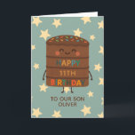 Son 11th Birthday Cute Custom Choco Cake Card<br><div class="desc">Celebrate your son's big day with this adorable 11th birthday card featuring a cute smiling choco cake character illustration, colorful sprinkles, and a cheerful “Happy Birthday” message. Set against a playful star background, this card is perfect for kids who love fun, silly, and sweet designs. Personalize it with your child’s...</div>
