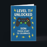 Son 11th Birthday Game Controller Age 11 Unlocked Card<br><div class="desc">Game on—your son just hit Level 11! This high-energy birthday card features a colorful game controller on a bold blue backdrop with lightning bolts that match his growing spark. “Level 11 Unlocked” leads the way, while the heartfelt inside message cheers him on with pride and playful encouragement. A perfect pick...</div>