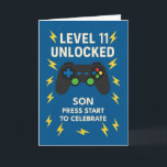 Son 11th Birthday Game Controller Age 11 Unlocked Card<br><div class="desc">Game on—your son just hit Level 11! This high-energy birthday card features a colorful game controller on a bold blue backdrop with lightning bolts that match his growing spark. “Level 11 Unlocked” leads the way, while the heartfelt inside message cheers him on with pride and playful encouragement. A perfect pick...</div>