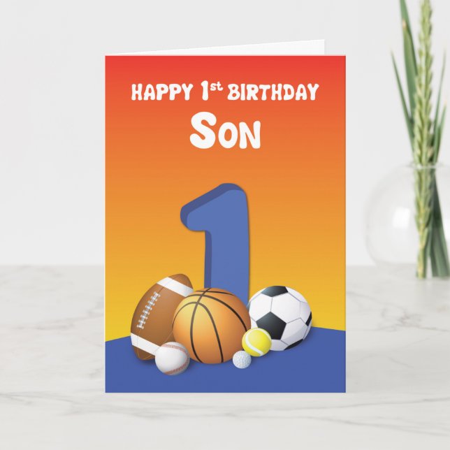 Son 1st Birthday Sports Balls Card (Front)