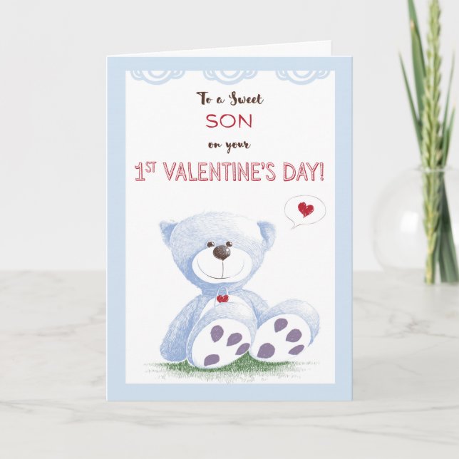Son, 1st Valentine's Day, Blue Teddy Bear on Grass Holiday Card (Front)