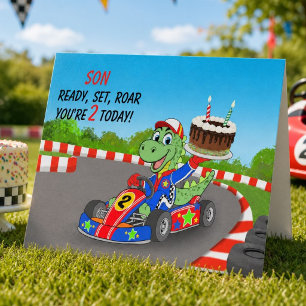 Son 2nd Birthday Dinosaur Race Car Ready Set Card
