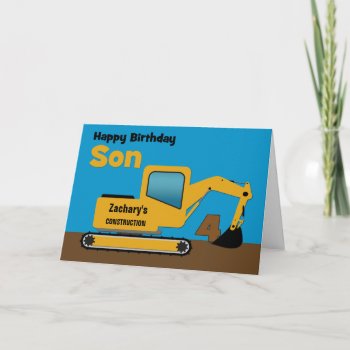Son 4th Birthday Yellow Excavator Add Name Card by PamJArts at Zazzle