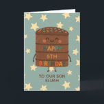 Son 5th Birthday Cute Custom Choco Cake Card<br><div class="desc">Celebrate your son's big day with this adorable 5th birthday card featuring a cute smiling choco cake character illustration, colorful sprinkles, and a cheerful “Happy Birthday” message. Set against a playful star background, this card is perfect for kids who love fun, silly, and sweet designs. Personalize it with your child’s...</div>