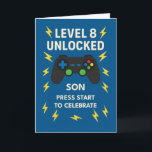 Son 8th Birthday Game Controller Age 8 Unlocked Card<br><div class="desc">A bold and playful birthday design for your 8-year-old son who loves gaming! Featuring a classic black game controller surrounded by yellow lightning bolts on a vibrant blue background, this card shouts “Level 8 Unlocked” in big, bold white text. Perfect for kids who are leveling up in life and in...</div>