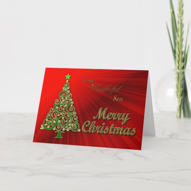 Son, a gold and red effect Christmas card (Front)