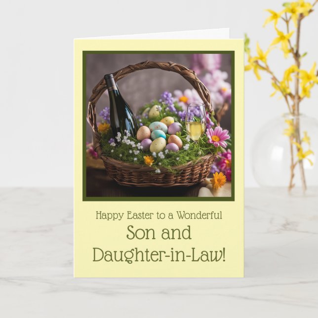 Son and Daughter in Law Happy Easter Wine Funny Card (Yellow Flower)