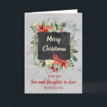 Son and Daughter in Law Merry Christmas Card<br><div class="desc">Merry Christmas greeting card for son and daughter in law with vintage watercolor flowers and cardinal,  chalkboard and wood patterns,  wish your son and his wife well this holiday season with this elegant greeting card.</div>