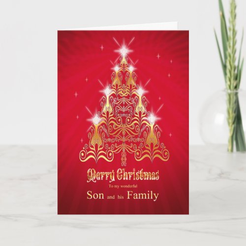 Son and family Christmas tree Christmas card