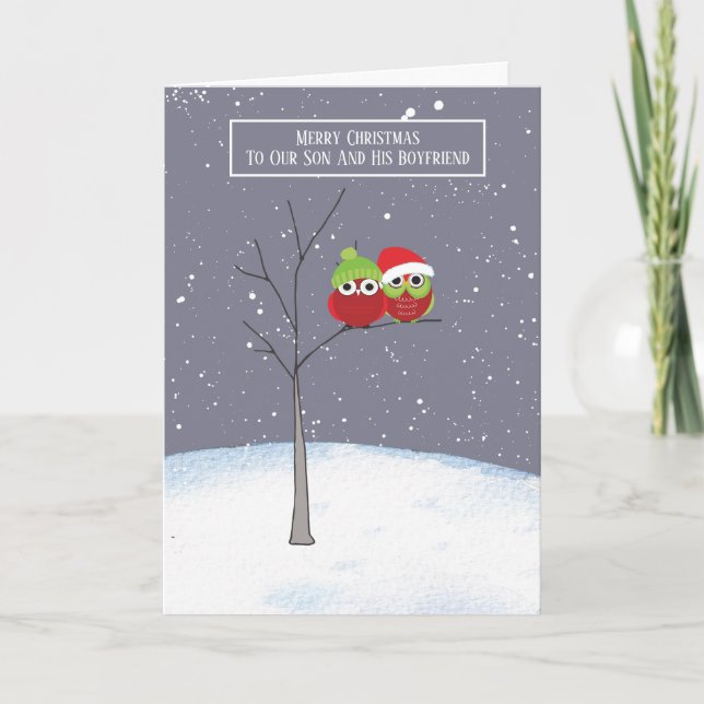 Son and His Boyfriend Owl Couple Christmas Card (Front)