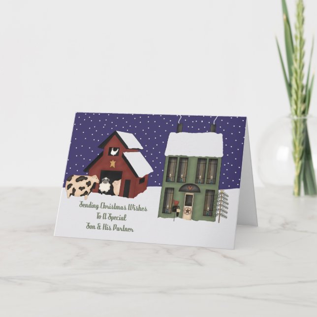 Son And His Partner Prim Farm Christmas Holiday Card (Front)