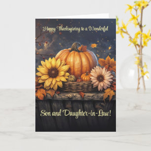 Son and Wife Thanksgiving with Flowers Pumpkins Card