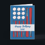 Son Baseball Flag Birthday Red White Blue Card<br><div class="desc">Celebrate your amazing older or adult son with this bold baseball-themed birthday card that combines all-star style with a hint of Americana. Featuring red baseball bats and white baseballs arranged against a blue woodgrain background, the card gives a subtle nod to the American flag. A sporty white banner highlights the...</div>