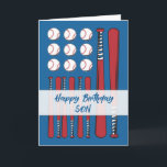 Son Baseball Flag Birthday Red White Blue Card<br><div class="desc">Celebrate your amazing older or adult son with this bold baseball-themed birthday card that combines all-star style with a hint of Americana. Featuring red baseball bats and white baseballs arranged against a blue woodgrain background, the card gives a subtle nod to the American flag. A sporty white banner highlights the...</div>