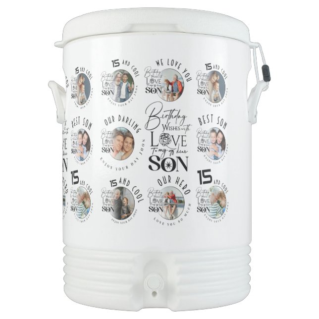 Son Birthday 8 Photo Collage Typography  Beverage Cooler (Front)
