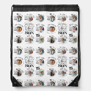 Son Birthday 8 Photo Collage Typography Drawstring Bag