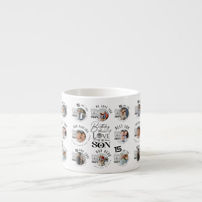 Son Birthday 8 Photo Collage Typography  Espresso Cup (Front)
