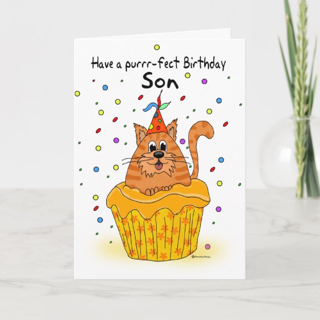 son birthday card with ginger cupcake cat (Front)