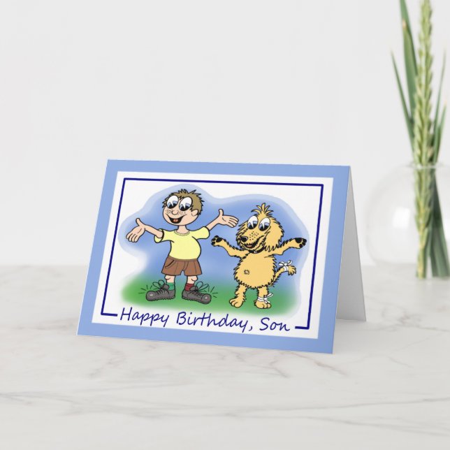 Son Birthday Cartoon Caricature of a Boy and Dog Card (Front)