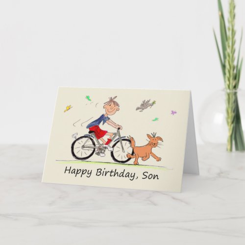 Son Birthday Cartoon of a Boy Riding Bike Card