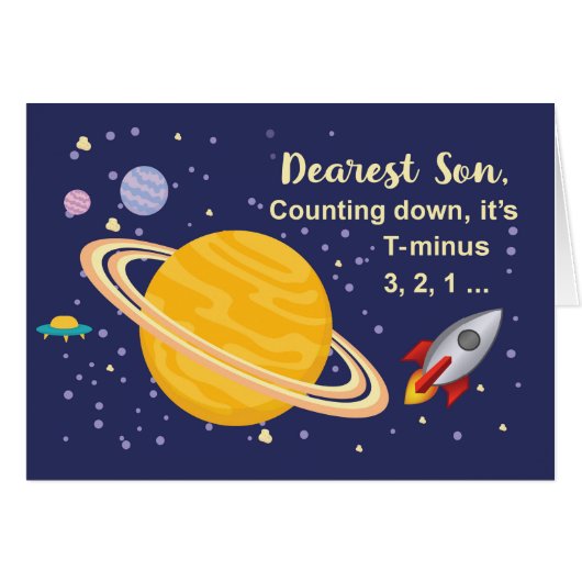Son Birthday Planets in Outer Space with Rocket Cards (Front Horizontal)