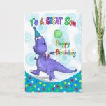 Son Birthday With Purple Dragon Drink And Balloon Card<br><div class="desc">A unique design that's lots of fun,  with a happy Purple Dragon in party hat,  holding his soda and balloon,  a great card for the little ones with lots of fab colors,  sure to bring a smile to any face</div>