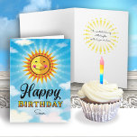 Son Birthday Yellow Smiling Sun Card<br><div class="desc">Make your Son feel special on her birthday by sending her this cheerful smiling decorative Yellow and orange sun floating in the blue sky with clouds. Inside text says "The sun started shining just a little brighter on the day you were born."</div>